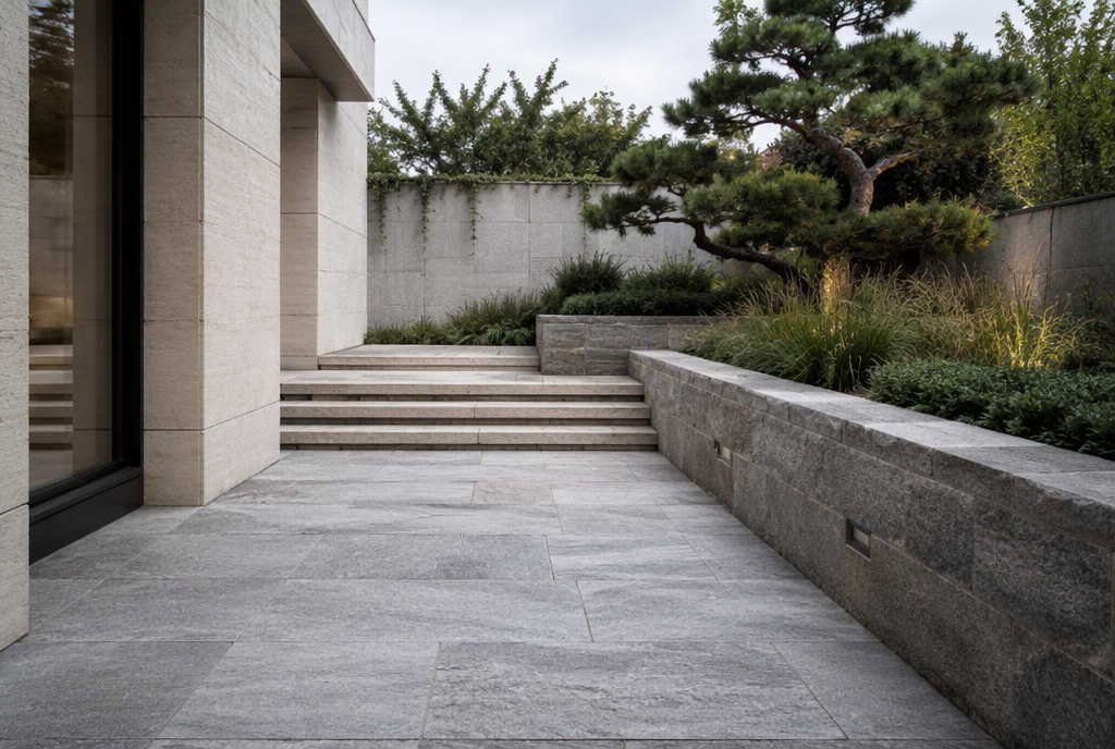 AI-generated concept preview: exterior & landscaping with natural stone surfaces