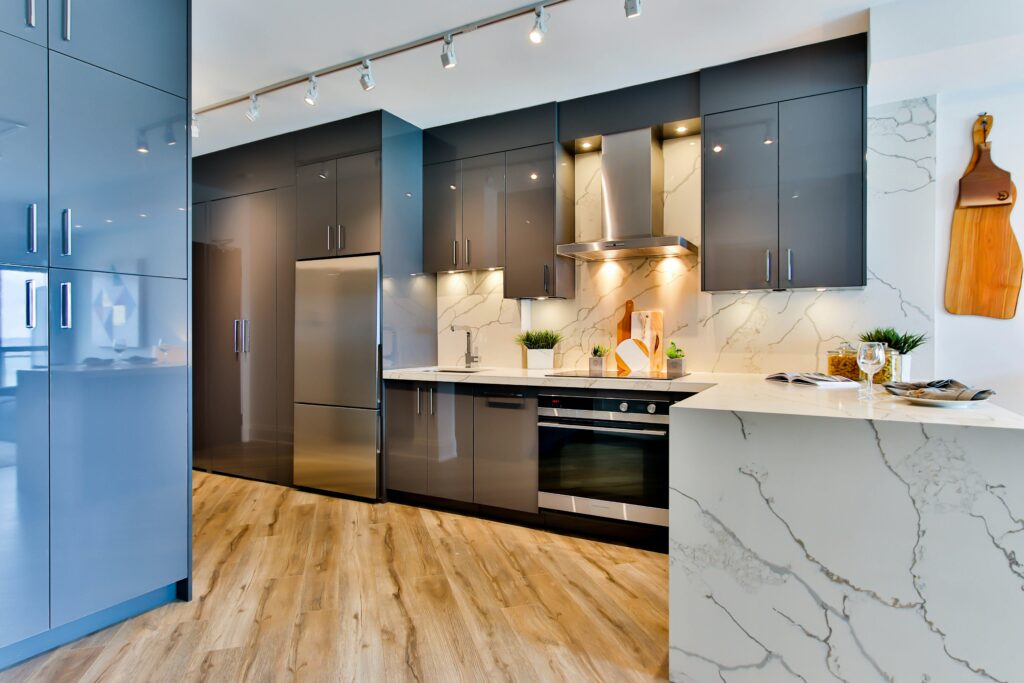 Modern kitchen with custom marble countertops and a marble island