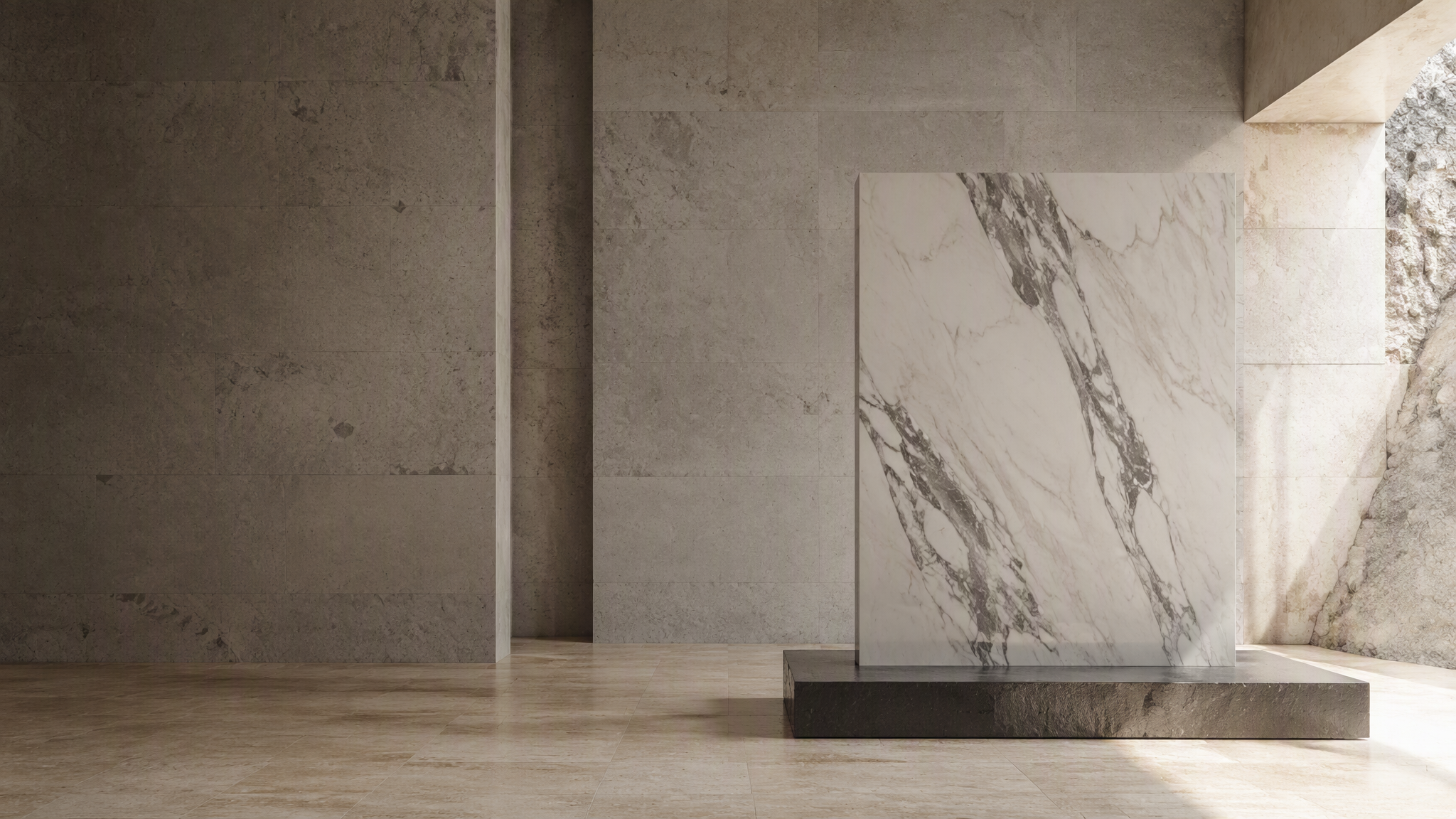 Concept interior with a freestanding veined stone slab and neutral wall cladding