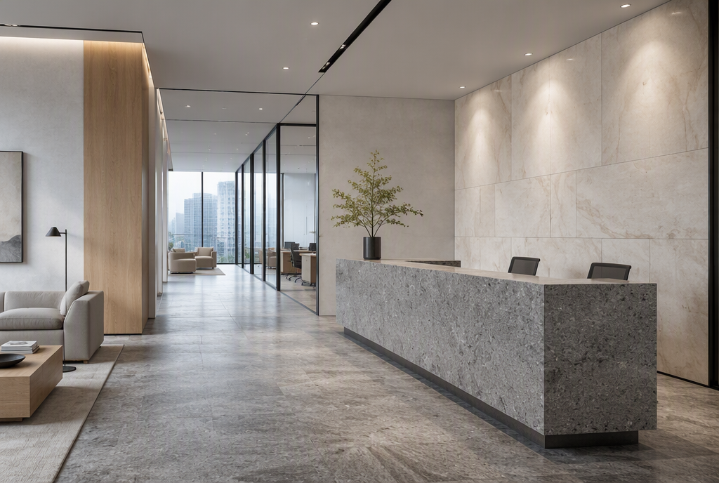 AI-generated concept preview: commercial interiors with natural stone surfaces