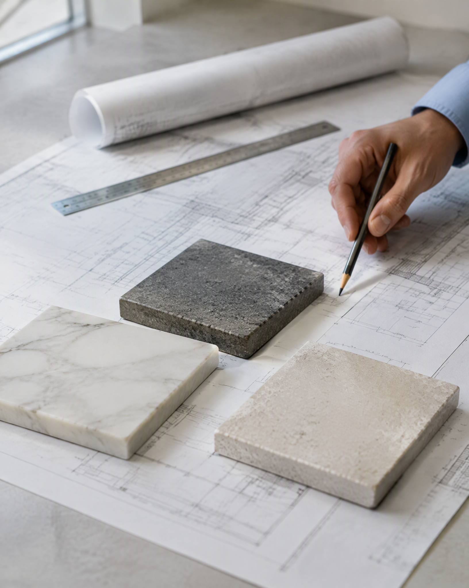 Stone samples being compared on a table for a project quotation