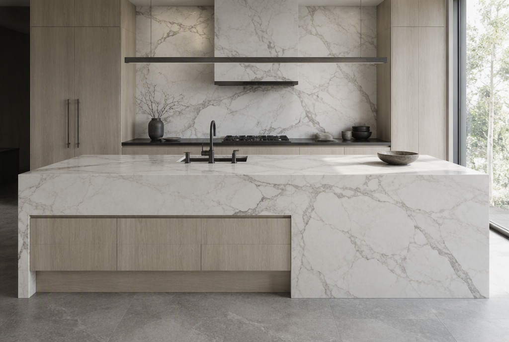 AI-generated concept preview: kitchens & countertops with natural stone surfaces