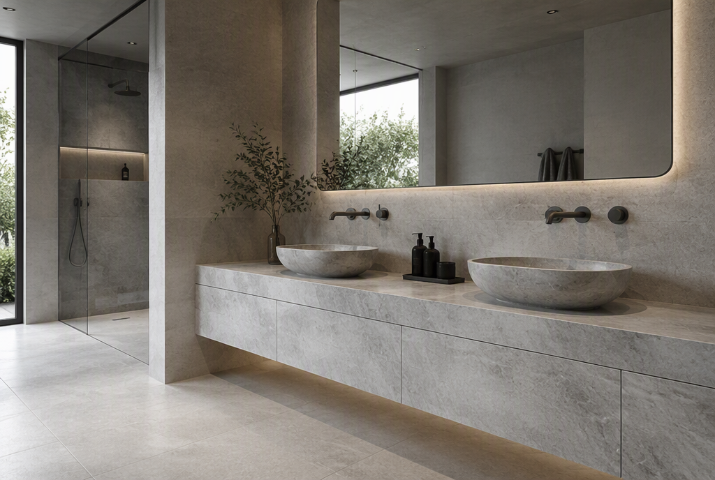 AI-generated concept preview: bathrooms & vanity tops with natural stone surfaces